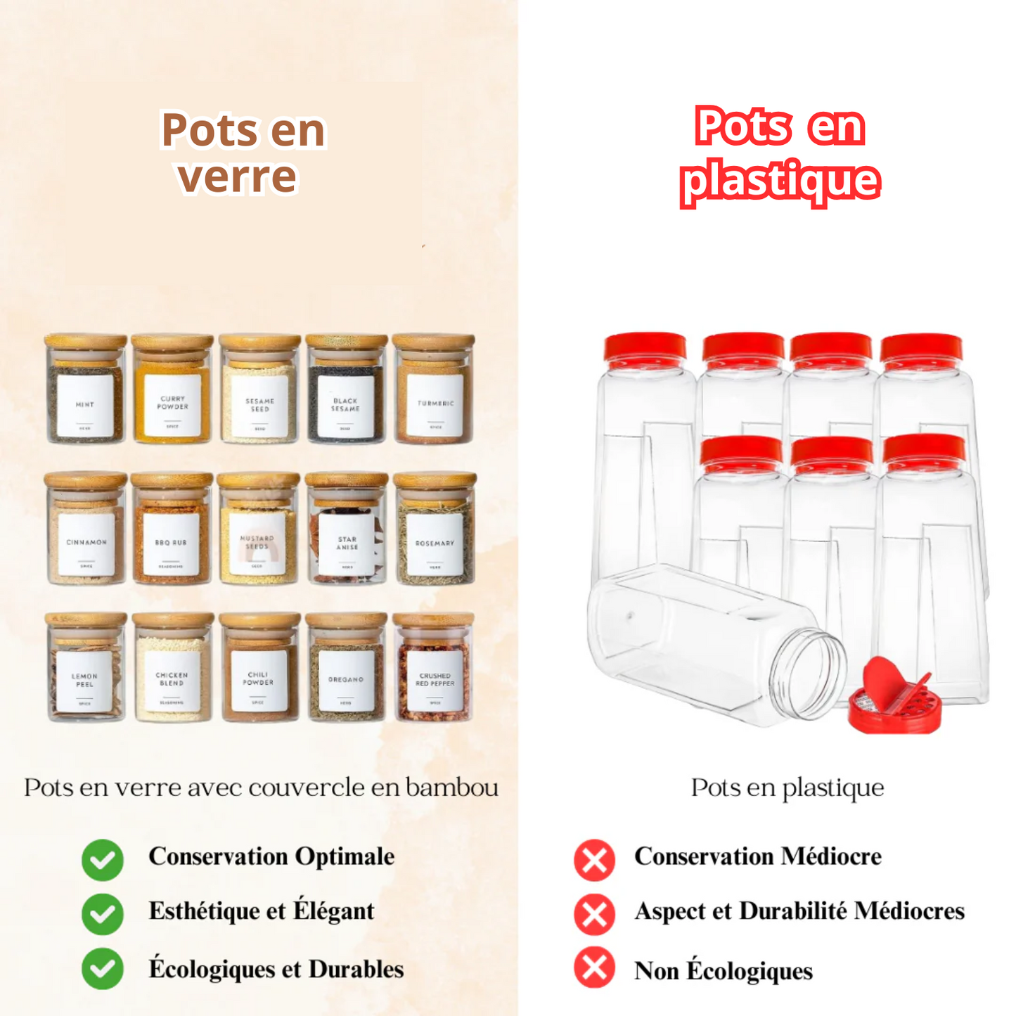 Lot de 12 pots à épices en verre avec les supports.