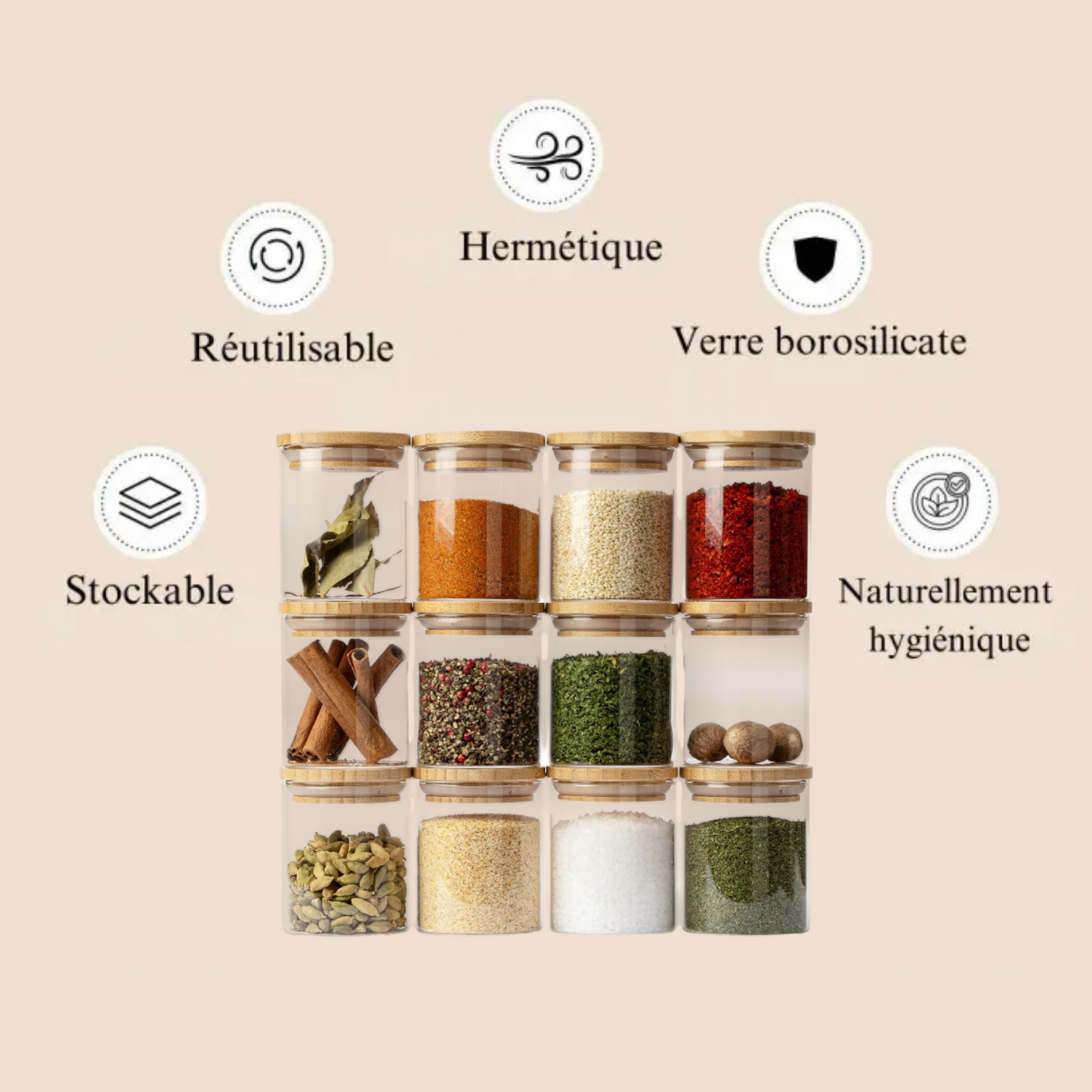 Lot de 12 pots à épices en verre avec les supports.