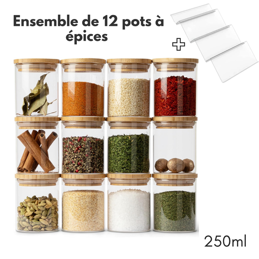 Lot de 12 pots à épices en verre avec les supports