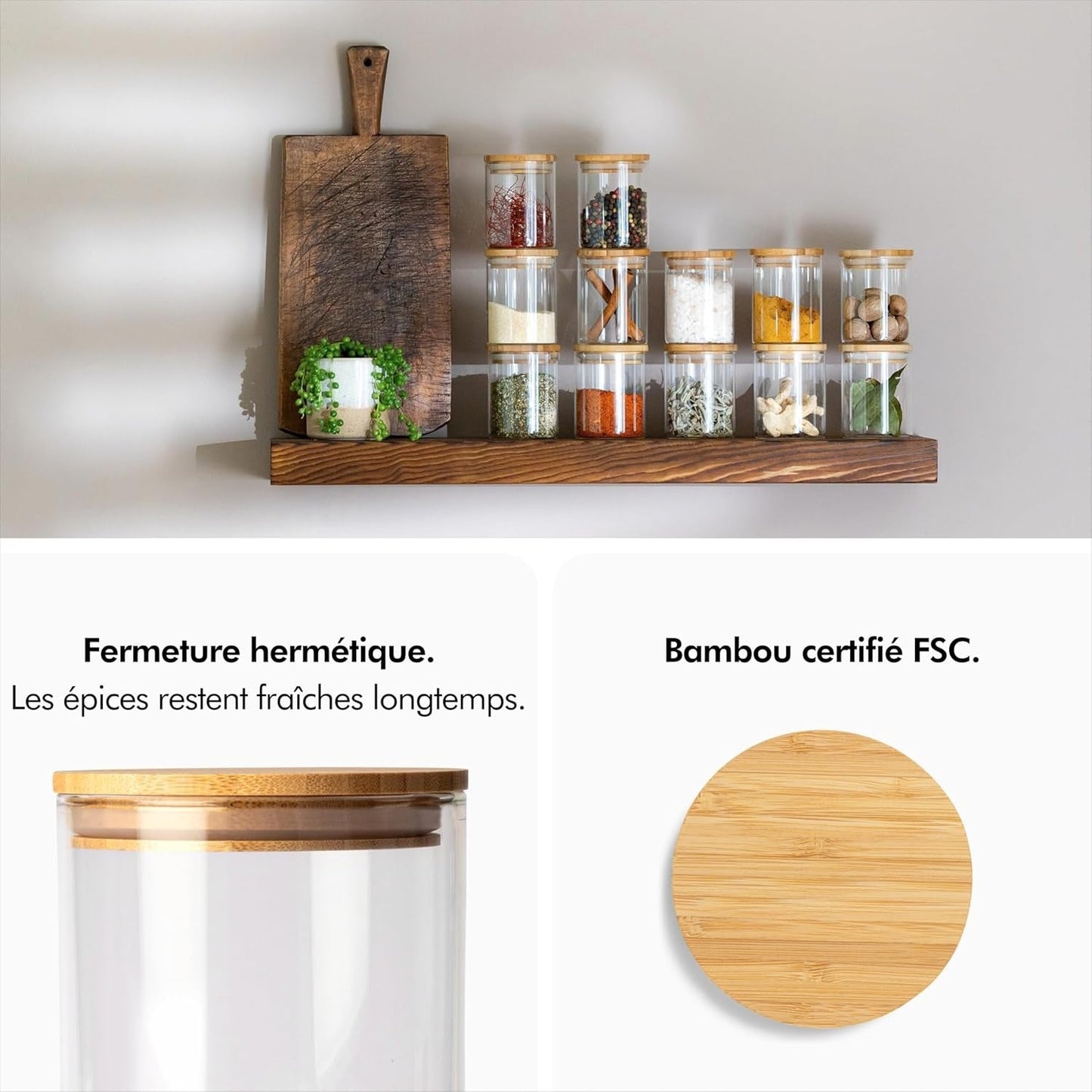 Lot de 12 pots à épices en verre avec les supports.