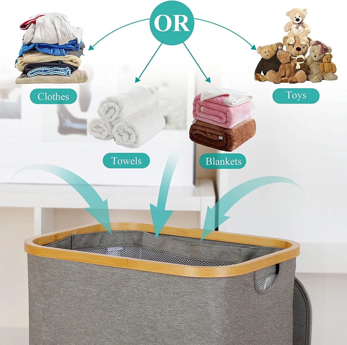 Panier à linge pliable Yiamia avec couvercle et poignée, gris