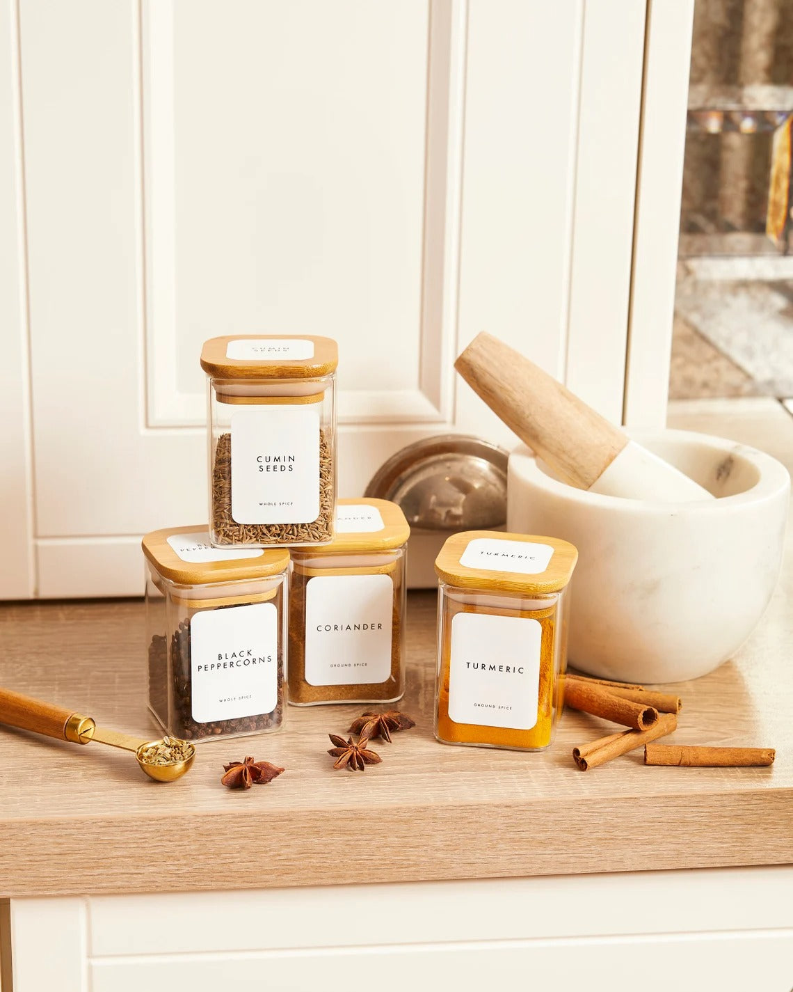 Pots à herbes et épices carrés en verre et bambou - 200 ml