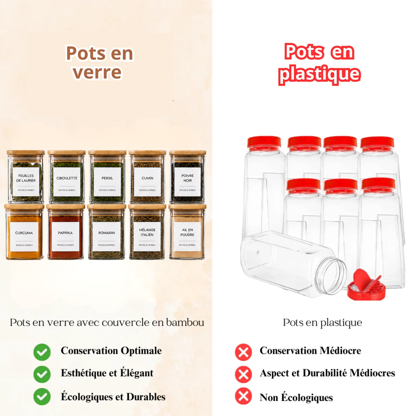 Pots à herbes et épices carrés en verre et bambou - 200 ml