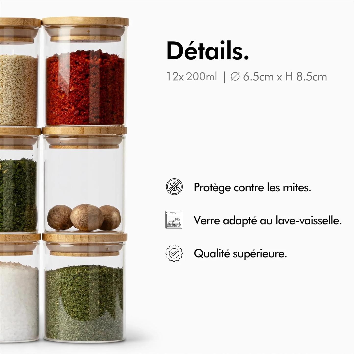 Pots à herbes et épices ronde en verre et bambou - 200 ml.