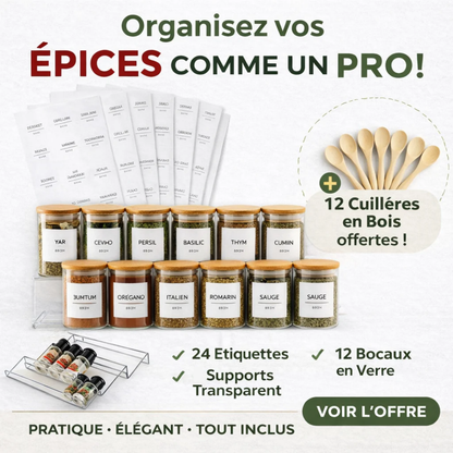 Pots à herbes et épices ronde en verre et bambou - 200 ml.