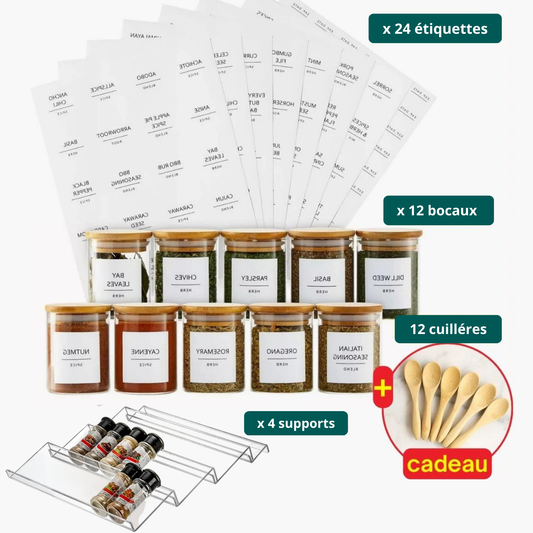 Lot de 12 pots à épices en verre avec les supports.