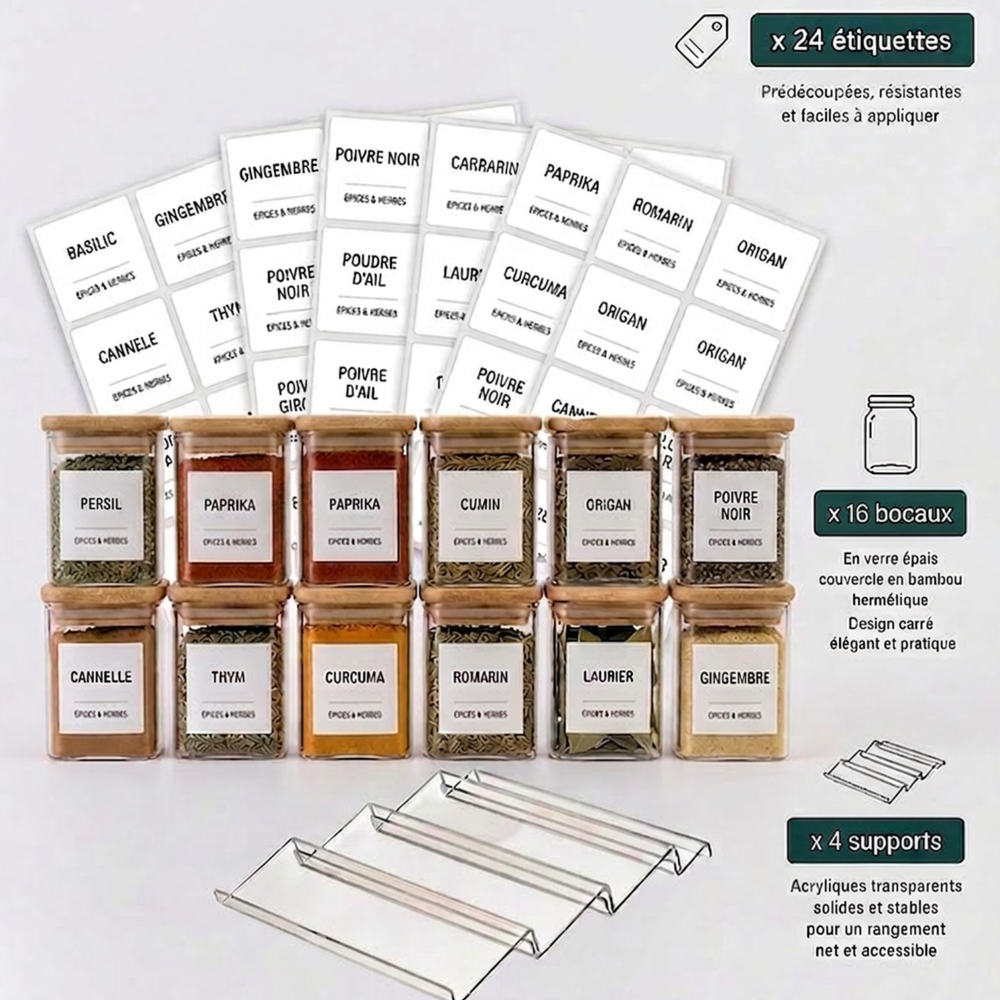 Pots à herbes et épices carrés en verre et bambou - 200 ml