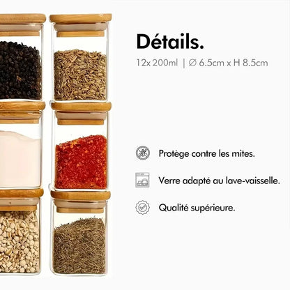 Pots à herbes et épices carrés en verre et bambou - 200 ml