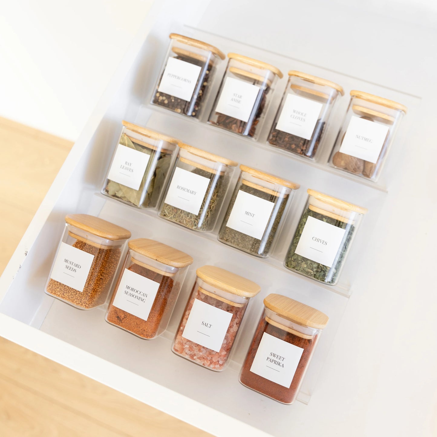 Pots à herbes et épices carrés en verre et bambou - 200 ml
