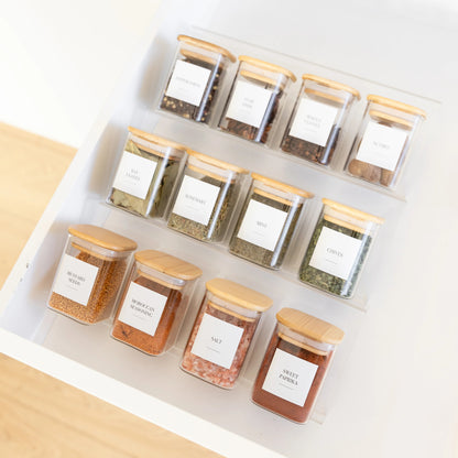 Pots à herbes et épices carrés en verre et bambou - 200 ml