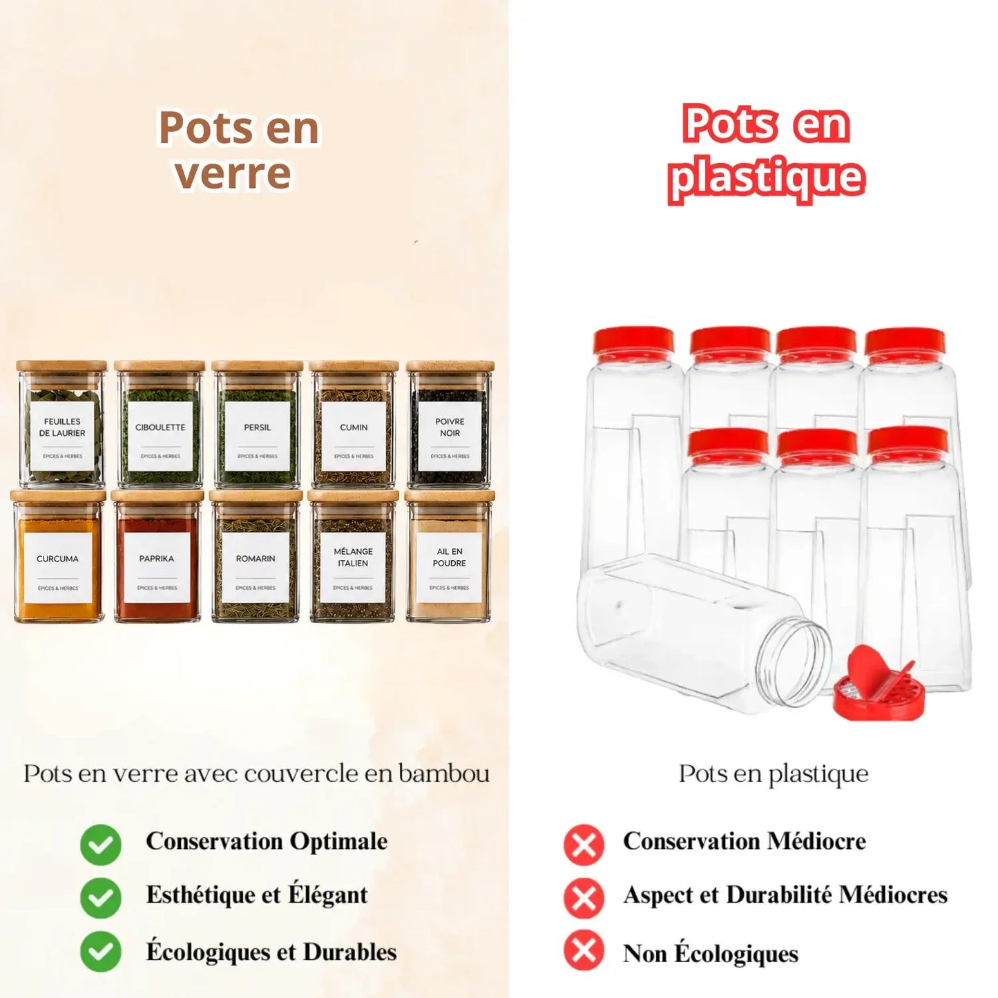Pots à herbes et épices carrés en verre et bambou - 200 ml