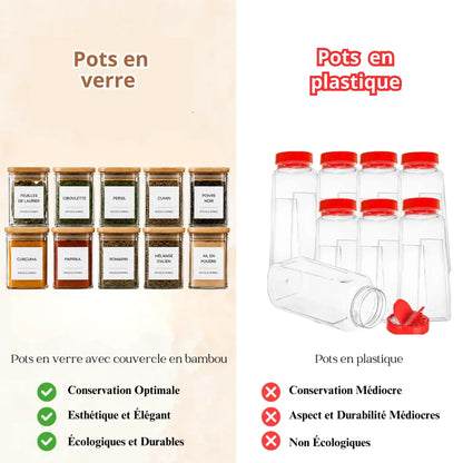 Pots à herbes et épices carrés en verre et bambou - 200 ml