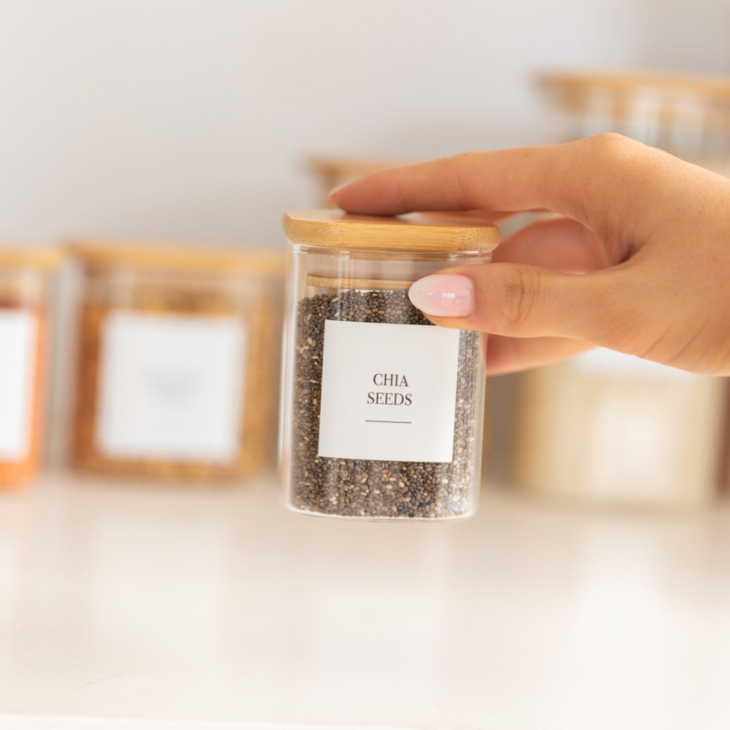 Pots à herbes et épices carrés en verre et bambou - 200 ml