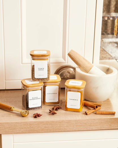 Pots à herbes et épices carrés en verre et bambou - 200 ml