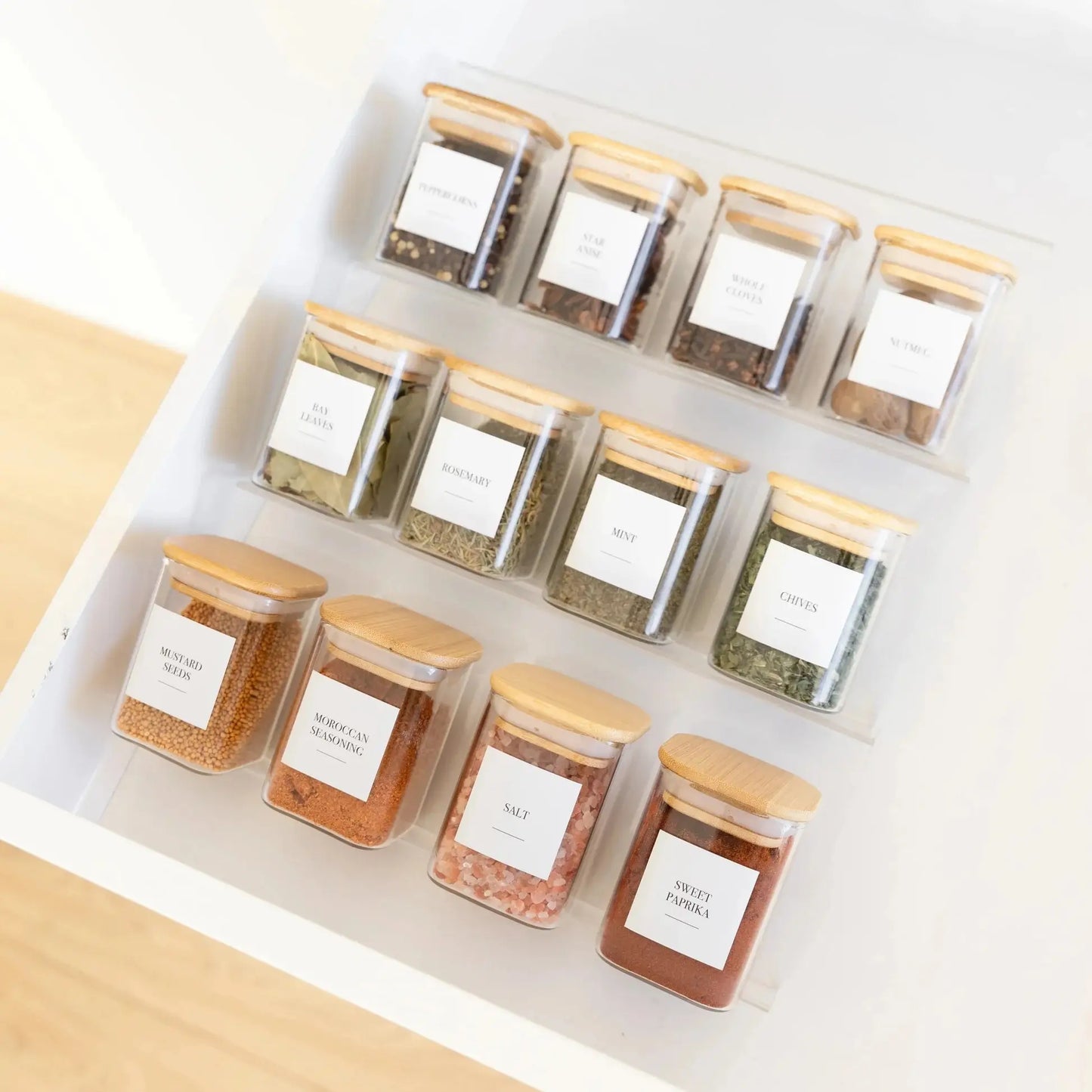 Pots à herbes et épices carrés en verre et bambou - 200 ml